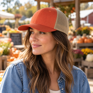YP Classics 6606 Retro Trucker Cap in Rustic Orange/ Khaki, lifestyle view