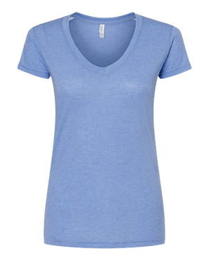 M&O 3542 Women's Deluxe Blend V-Neck T-Shirt in Heather Blue, supplier front view