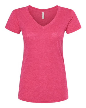 M&O 3542 Women's Deluxe Blend V-Neck T-Shirt in Heather Fuchsia, supplier front view