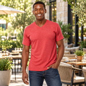 M&O 3543 Deluxe Blend V-Neck T-Shirt in Heather Red, lifestyle view