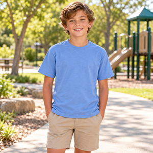 M&O 3544 Youth Deluxe Blend T-Shirt in Heather Blue, lifestyle view