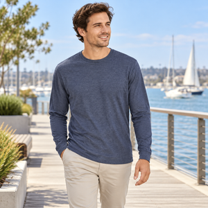 M&O 4501 Fine Jersey Long Sleeve T-Shirt in Heather Navy, lifestyle view
