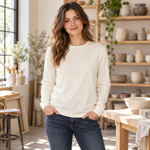 M&O 4501 Fine Jersey Long Sleeve T-Shirt in Natural, lifestyle view