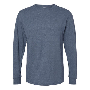 M&O 4820 Unisex Gold Soft Touch Long Sleeve T-Shirt in Heather Navy, front view