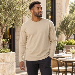 M&O 4820 Unisex Gold Soft Touch Long Sleeve T-Shirt, Sand lifestyle view