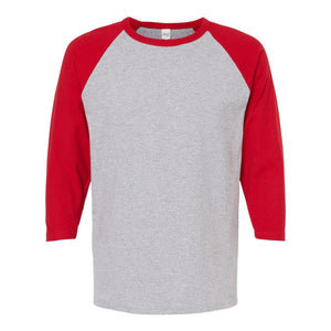 M&O 5540 Raglan Three-Quarter Sleeve Baseball T-Shirt in Sport Grey / Red, front view