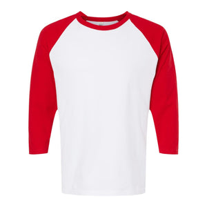M&O 5540 Raglan Three-Quarter Sleeve Baseball T-Shirt in White / Red, front view