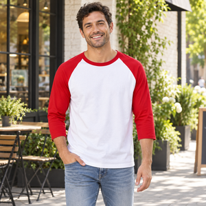 M&O 5540 Raglan Three-Quarter Sleeve Baseball T-Shirt, White / Red lifestyle view