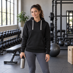 Muskoka Trail L00661 Cedar Point ladies hoodie in a gym lifestyle setting - Black