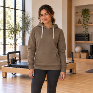 Muskoka Trail L00661 Cedar Point ladies hoodie in a pilates lifestyle setting - Taupe