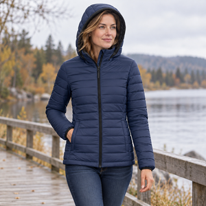 Woman wearing the Muskoka Trail L00901 Canyon Ladies Puffy Jacket with Detachable Hood in a realistic lifestyle setting - Navy