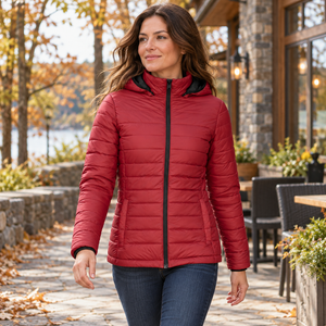 Woman wearing the Muskoka Trail L00901 Canyon Ladies Puffy Jacket with Detachable Hood in a realistic lifestyle setting - Red