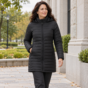 Woman wearing the Muskoka Trail L00903 Glacier Bay Ladies Full Length Puffy Jacket with Detachable Hood in a realistic lifestyle setting - Black