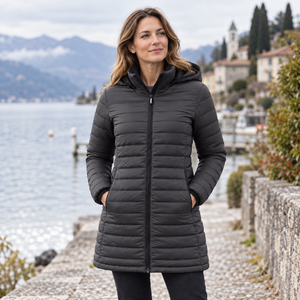 Woman wearing the Muskoka Trail L00903 Glacier Bay Ladies Full Length Puffy Jacket with Detachable Hood in a realistic lifestyle setting - Charcoal
