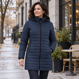 Woman wearing the Muskoka Trail L00903 Glacier Bay Ladies Full Length Puffy Jacket with Detachable Hood in a realistic lifestyle setting - Navy