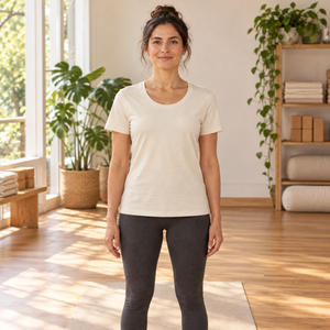 Woman wearing the Muskoka Trail S05501 Harmony Ladies Organic Cotton Scoop Neck T-Shirt in a realistic lifestyle setting - Ivory