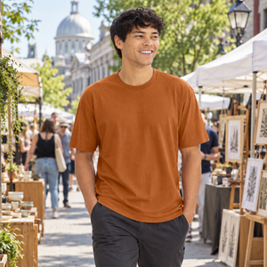 Next Level 3600 Unisex Cotton Tee in Clay — man browsing an outdoor design market in Montreal