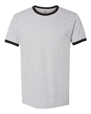Next Level 3604 Unisex Cotton Ringer Tee in Heather Grey/ Black — supplier front view