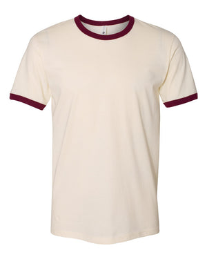 Next Level 3604 Unisex Cotton Ringer Tee in Natural/ Maroon — supplier front view