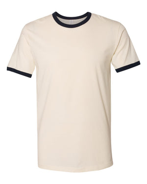 Next Level 3604 Unisex Cotton Ringer Tee in Natural/ Midnight Navy — supplier front view