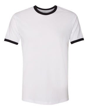 Next Level 3604 Unisex Cotton Ringer Tee in White/ Black — supplier front view