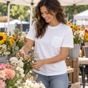 Next Level 3605 Unisex Cotton Pocket Tee in White — woman arranging stems at a farmers market flower stall