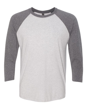 Next Level 6051 Unisex Triblend Three-Quarter Raglan Tee in Premium Heather Sleeves/ Heather White Body — supplier front view