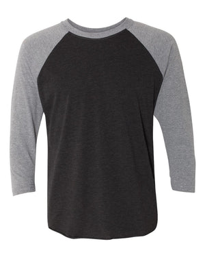 Next Level 6051 Unisex Triblend Three-Quarter Raglan Tee in Premium Heather Sleeves/ Vintage Black Body — supplier front view