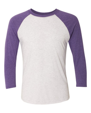 Next Level 6051 Unisex Triblend Three-Quarter Raglan Tee in Purple Rush Sleeves/ Heather White Body — supplier front view