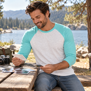 Next Level 6051 Unisex Triblend Three-Quarter Raglan Tee in Tahiti Blue Sleeves/ Heather White Body — man looking through film photographs at an outdoor picnic table
