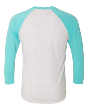 Next Level 6051 Unisex Triblend Three-Quarter Raglan Tee in Tahiti Blue Sleeves/ Heather White Body — supplier back view
