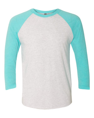 Next Level 6051 Unisex Triblend Three-Quarter Raglan Tee in Tahiti Blue Sleeves/ Heather White Body — supplier front view