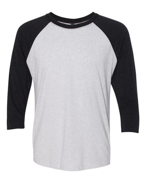 Next Level 6051 Unisex Triblend Three-Quarter Raglan Tee in Vintage Black Sleeves/ Heather White Body — supplier front view