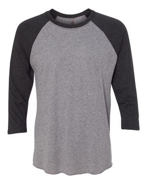 Next Level 6051 Unisex Triblend Three-Quarter Raglan Tee in Vintage Black Sleeves/ Premium Heather Body — supplier front view