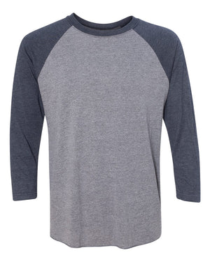 Next Level 6051 Unisex Triblend Three-Quarter Raglan Tee in Vintage Navy Sleeves/ Premium Heather Body — supplier front view