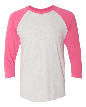 Next Level 6051 Unisex Triblend Three-Quarter Raglan Tee in Vintage Pink Sleeves/ Heather White Body — supplier front view