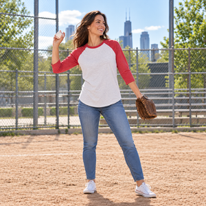 Next Level 6051 Unisex Triblend Three-Quarter Raglan Tee in Vintage Red Sleeves/ Heather White Body — woman playing a casual game of catch beside an urban baseball diamond