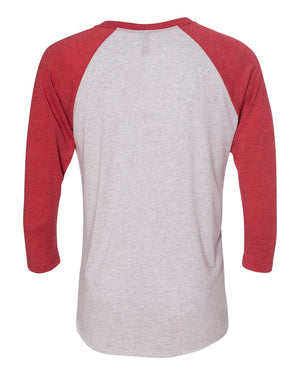 Next Level 6051 Unisex Triblend Three-Quarter Raglan Tee in Vintage Red Sleeves/ Heather White Body — supplier back view