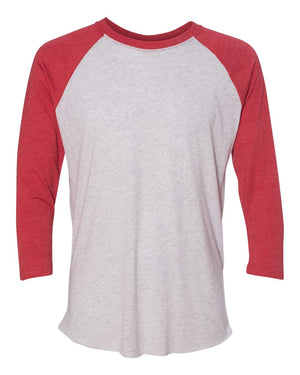 Next Level 6051 Unisex Triblend Three-Quarter Raglan Tee in Vintage Red Sleeves/ Heather White Body — supplier front view