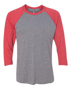Next Level 6051 Unisex Triblend Three-Quarter Raglan Tee in Vintage Red Sleeves/ Premium Heather Body — supplier front view