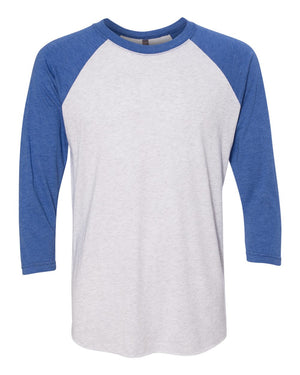 Next Level 6051 Unisex Triblend Three-Quarter Raglan Tee in Vintage Royal Sleeves/ Heather White Body — supplier front view