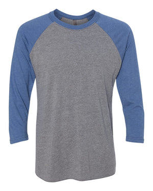 Next Level 6051 Unisex Triblend Three-Quarter Raglan Tee in Vintage Royal Sleeves/ Premium Heather Body — supplier front view