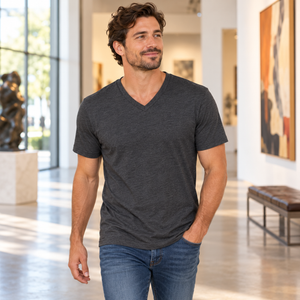 Next Level 6240 Unisex CVC V-Neck Tee in Charcoal — man walking through a warm contemporary gallery lobby