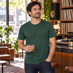 Next Level 6410 Unisex Sueded Tee in Heather Forest Green — man at a quiet premium listening bar in daylight