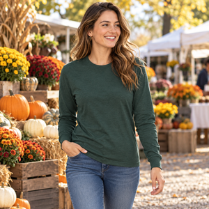 Next Level 6411 Unisex Sueded Long Sleeve Tee in Heather Forest Green — woman at an autumn farmers market with decorative pumpkins and flowers