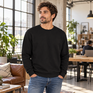 Next Level 9003 Unisex Santa Barbara Crewneck Sweatshirt in Black — man at a relaxed urban creative coworking loft