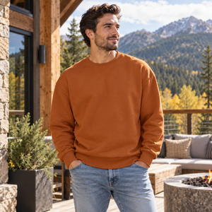 Next Level 9007 Unisex Heavyweight Crewneck Sweatshirt in Clay — man at a modern mountain lodge terrace in early autumn