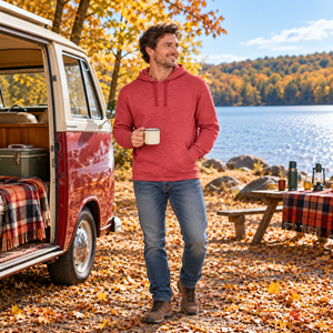 Next Level 9300 Unisex Malibu Welt Pocket Hoodie Sweatshirt in Heather Cardinal — man beside a vintage van at a fall lakeshore picnic