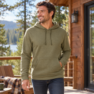 Next Level 9302 Unisex Malibu Hoodie Sweatshirt in Heather Military Green — man visiting a woodland cabin deck after a morning walk