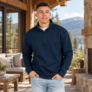 Next Level 9643 Unisex Fleece Quarter-Zip Pullover in Midnight Navy — man at a premium countryside lodge with warm timber and stone